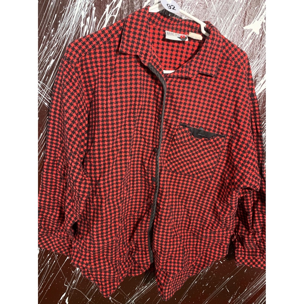 Vintage Hang Ten Red Black Gingham Check Cotton Button Up Shirt Made in USA L